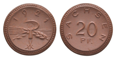 Саксония 20 пфеннигов 1921 Men05 22281.4, Men18 27868.4, Scheuch 31a фарфор 1094-10-52