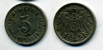 ГЕРМАНИЯ 5 ПФЕННИГОВ 1900 A, KM 11, J. 12 медно-никель 58-1254