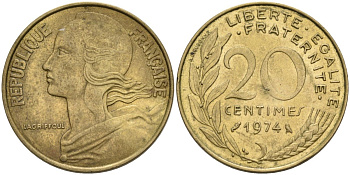 Франция 20 сантимов 1974 тип Morlon KM 930 медь алюминий никель 4575-156