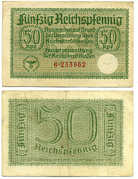 ГЕРМАНИЯ 50 РЕЙХСПФЕННИГОВ 1940-1945 ДЛЯ ОККУПИРОВАННЫХ ТЕРРИТОРИЙ Pick R135 бумага 3295-88-1-2