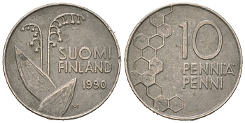 Финляндия 10 пенни 1990 M KM 65 медно-никель 218-1117