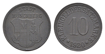 Мюнхберг 10 пфеннигов 1920 Funck 346.8, Men18 21547.9 цинк 4636-917