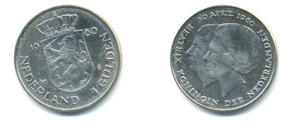 Нидерланды 1 гульден 1980 на коронацию Беатрикс, 30 апреля 1980 KM 200 никель 83-827