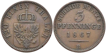 ПРУССИЯ 3 ПФЕННИГА 1867 В, ВИЛЬГЕЛЬМ I (1861-1888) KM 482 медь 117-916