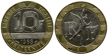 Франция 10 франков 1988 тип гений Бастилии KM 964.1, Le Franc 375.2 биметалл 3334-232