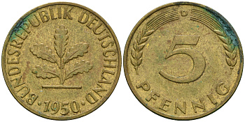 ФРГ 5 пфеннигов 1950 D KM 107, J.382 сталь плакированная латунью 4364-1611