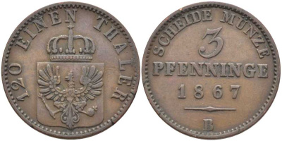 ПРУССИЯ 3 ПФЕННИГА 1867 В, ВИЛЬГЕЛЬМ I (1861-1888) KM 482 медь 117-916