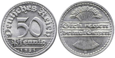 ГЕРМАНИЯ 50 ПФЕННИГОВ 1921 D KM 27, J. 301 алюминий 24-1024