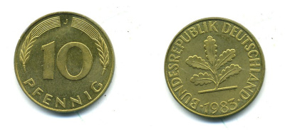 ФРГ 10 ПФЕННИГОВ 1983 J KM 108, J.383 сталь плакированная латунью 46-1333