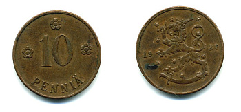 Финляндия 10 пенни 1926 республика (1918-1962) KM 24 медь 46-1537