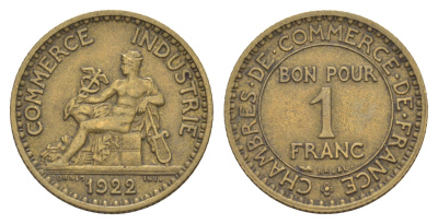 Франция 1 франк 1922 KM 876, Le Franc 218.4 алюминиевая бронза 4657-1042