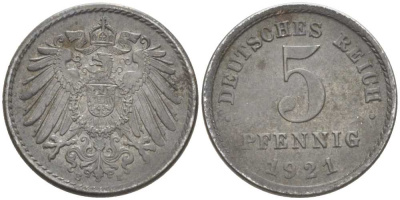 ГЕРМАНИЯ 5 ПФЕННИГОВ 1921 E KM 19, J. 297, Weege 5 железо 206-748
