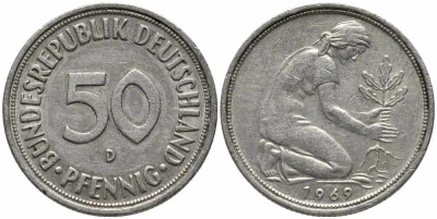 ФРГ 50 пфеннигов 1969 D KM 109.1, J. 384 медно-никель 112-159