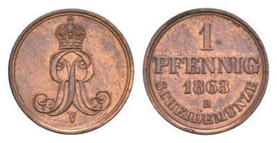 Ганновер 1 пфенниг 1863 B, Георг V (1851-1866) KM 233, AKS 156, J. 90 медь    4658-1064