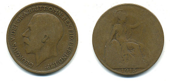 Великобритания 1 пенни 1915 Георг V (1910-1936) KM 810, Spink 4051 бронза 4110-131