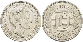 ДАНИЯ 10 КРОН 1979 B; B, МАРГРЕТЕ II (1972-) KM 864.1 медно-никель 4403-321