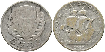 ПОРТУГАЛИЯ 5 ЭСКУДО 1937 ПАРУСНИК КМ 581 серебро 202-417