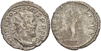 Римская Империя (императоры в Галлии) антониниан 260 - 269 Постум. IMP C POSTVMVS P F AVG / FIDES MILITVM, Фидея, персонификация Верности, с боевыми штандартами, Колония Агриппины, Very fine RIC 59 биллон 1073-12-61