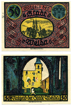 Вайда 50 пфеннигов 1921 30 сентября 1921, нотгельд (номер 1, Stadtkirche), земля Тюрингия Grabowski 1391.2 бумага 2195-39-3-1