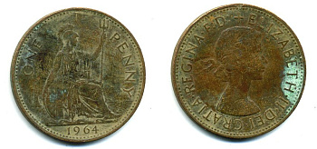 Великобритания 1 пенни 1964 Елизавета II (1952-2022) KM 897, Spink 4157 бронза 57-1042