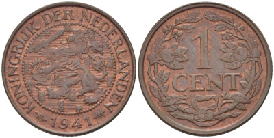 НИДЕРЛАНДЫ 1 ЦЕНТ 1941 ВИЛЬГЕЛЬМИНА (1890-1948) KM 152 бронза 39-116