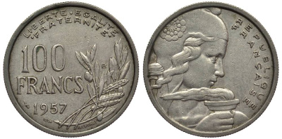 Франция 100 франков 1957 В, тип COCHET KM 919.1, Le Franc 450.11 медно-никель 27-757