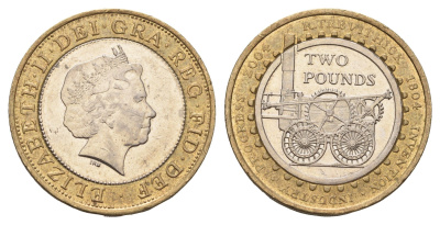 Великобритания 2 фунта 2004 Елизавета II (1952-2022), 200 лет первому паровозу Ричарда Тревесика KM 1049, Spink 4578 (K17) биметалл aUNC 4111-611