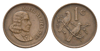 ЮАР 1 цент 1969 Ян ван Рибек (1619-1677), South Africa, легенда на африкаанс, капские воробьи KM 65.1 бронза 4690-1159
