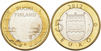 Финляндия 5 евро 2012 исторические здания, кафедральный собор Хельсинки и Успенский собор KM 191 биметалл UNC M10-15