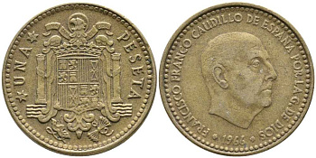 ИСПАНИЯ 1 ПЕСЕТА 1966 (67) ФРАНСИСКО ФРАНКО ДИКТАТОР ИСПАНИИ (1939-1975) KM 796 алюминиевая бронза 110-1217