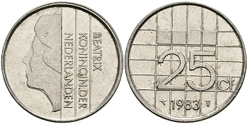 НИДЕРЛАНДЫ 25 ЦЕНТОВ 1983 БЕАТРИКС KM 204 никель 96-266