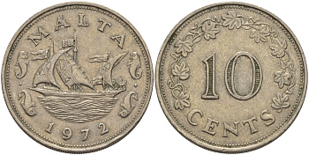 Мальта 10 центов 1972 баржа Великого магистра KM 11 медно-никель 82-325