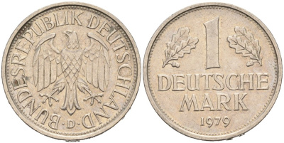 ФРГ 1 МАРКА 1979 D KM 110, J. 385 медно-никель 92-945