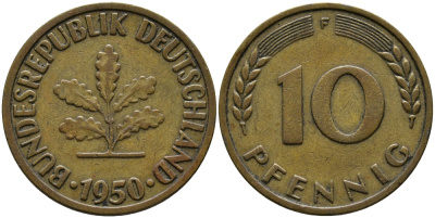 ФРГ 10 ПФЕННИГОВ 1950 F KM 108, J.383 сталь плакированная латунью 33-114
