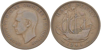 Великобритания 1/2 пенни 1941 Георг VI (1936-1952) KM 844, Spink 4115 бронза 212-1011