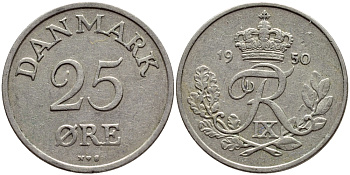 Дания 25 эре 1950 N,S, Фредерик IX (1947-1972) KM 842.1 медно-никель 4398-931