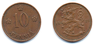 Финляндия 10 пенни 1929 республика (1918-1962) KM 24 медь 51-5316