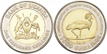 Уганда 1000 шиллингов 2012 50 лет независимости, страус KM 278 биметалл UNC M21-7
