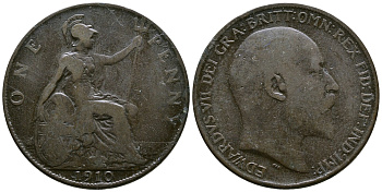 Великобритания 1 пенни 1910 Эдуард VII (1901-1910) KM 794.2, Spink 3990 бронза 37-512