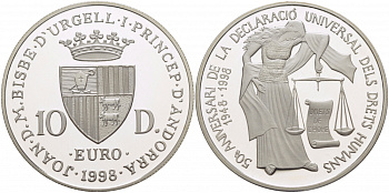 Андорра 10 динеров 1998 50 лет подписанию декларации по правам человека KM 143 серебро PROOF 11-224-35