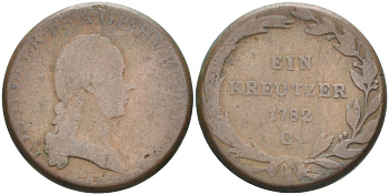 АВСТРИЯ 1 КРЕЙЦЕР 1782 G, ЖОЗЕФ II (1780-1790) KM 2056 медь 63-1025