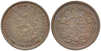 НИДЕРЛАНДЫ 1/2 ЦЕНТА 1938 ВИЛЬГЕЛЬМИНА I (1891-1948) KM 138 бронза 4547-1253