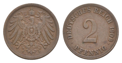Германия 2 пфеннига 1906 A, Вильгельм II (1888-1918) KM 16, J. 11, Weege 4 медь 4639-1213
