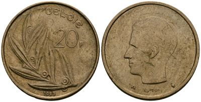 Бельгия 20 франков 1993 BELGIE KM 160 никель бронза 4120-1245