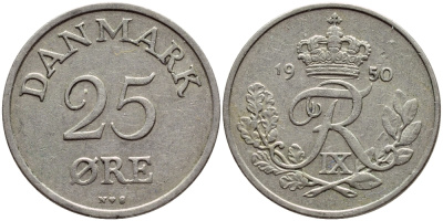 Дания 25 эре 1950 N,S, Фредерик IX (1947-1972) KM 842.1 медно-никель 4398-931