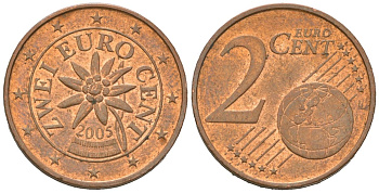 Австрия 2 евроцента 2005 KM 3083 сталь плакированная медью 4516-228