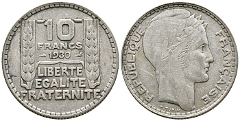 Франция 10 франков 1930 Пьер Тюрен KM 878, Le Franc 360.3 серебро 79-436