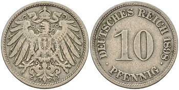 ГЕРМАНИЯ 10 ПФЕННИГОВ 1898 F KM 12, J. 13 медно-никель 4401-1033