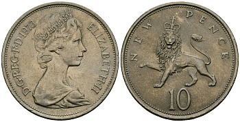 Великобритания 10 пенсов 1973 Елизавета II (1952-2022) KM 912, Spink 4231 (F1) медно-никель 4384-836