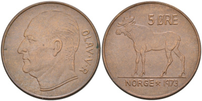 Норвегия 5 эре 1973 ЛОСЬ, Улаф V (1958-1991) KM 405 бронза 4571-831